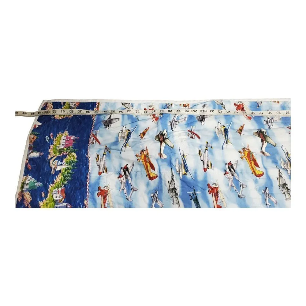 Reversible Baby Blanket Train Airplane Clouds Brown Blue Choo Choo Railroad